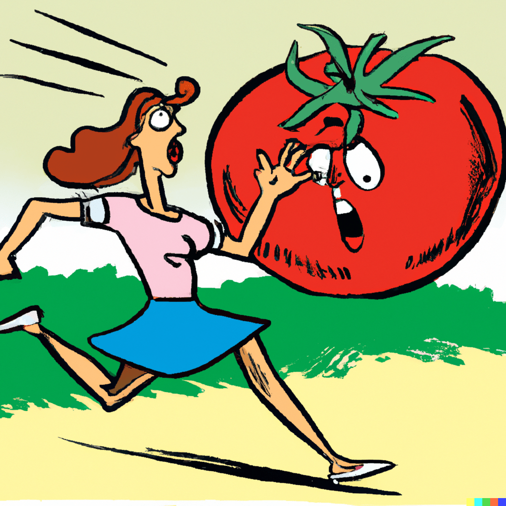 Brexit nutrition image of a woman being attacked by a giant tomato