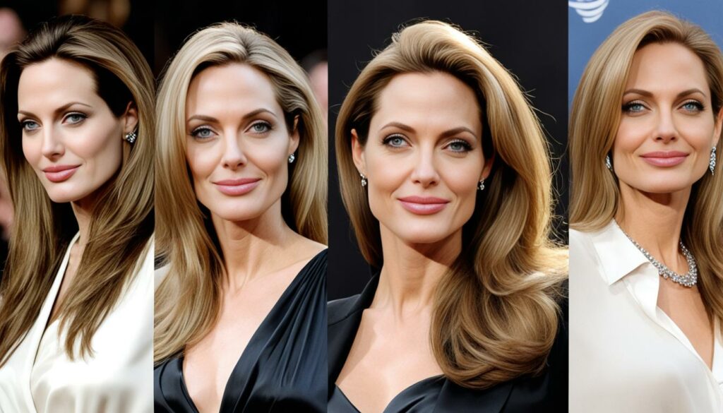 Angelina Jolie Long Wavy Caramel Brunette Hairstyle with Blonde Highlights